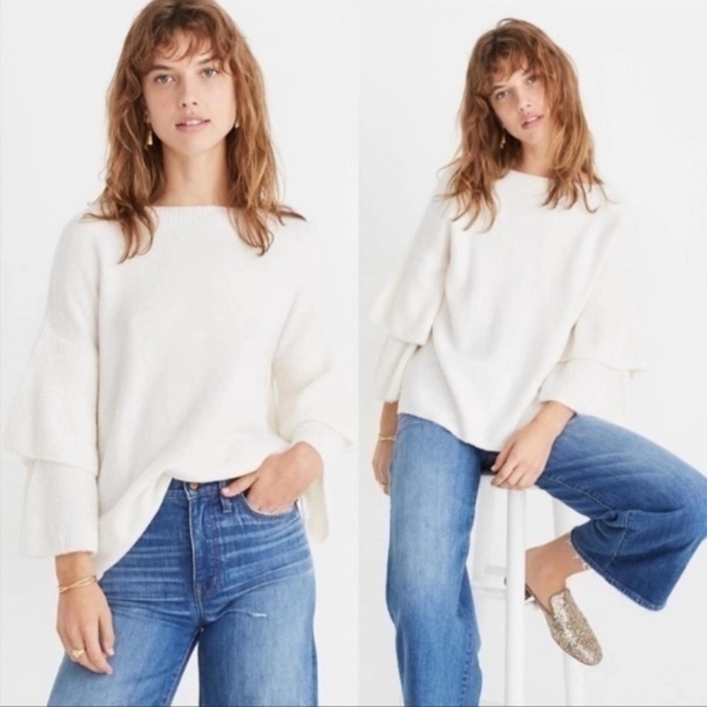 Madewell Tier Statement Sleeve Pullover Wool Blend Sweater Cream